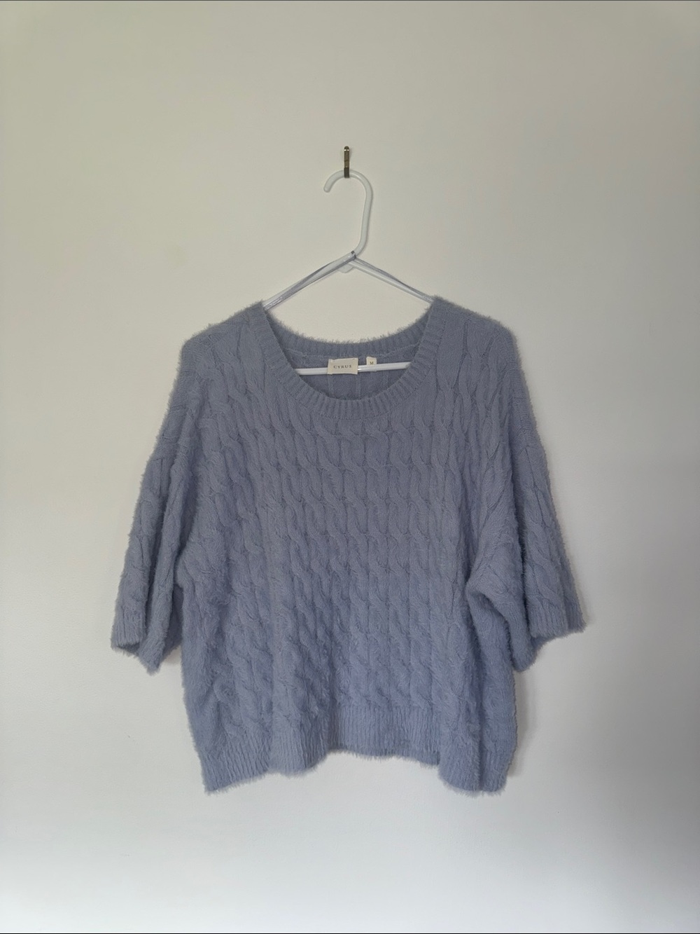 Cyrus Light Blue Fuzzy Cable-Knit Crewneck Sweater